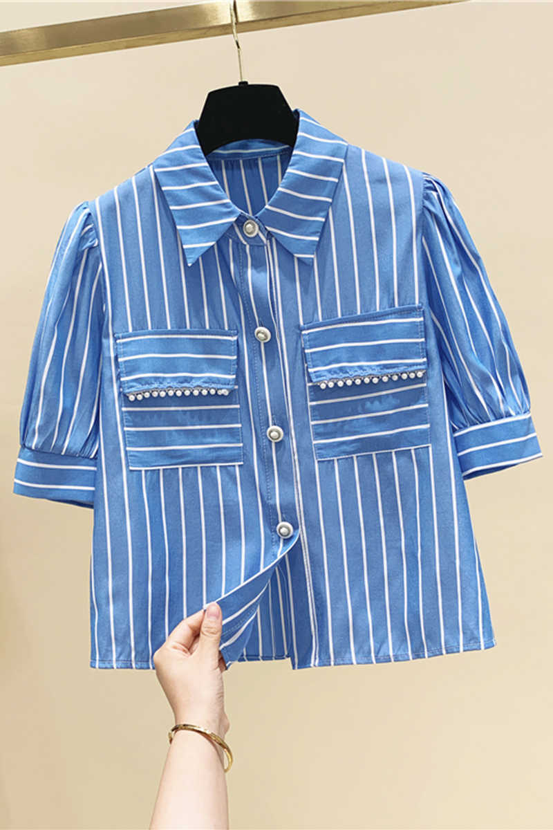 Blue Vertical Stripe Pocket Bead Short Sleeve Loose Turn-down Collar Shirts Womens Tops 210615