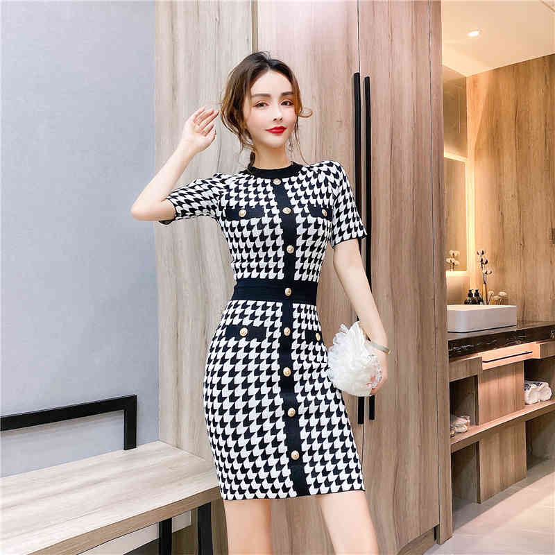 Women Summer Dress Vintage O-Neck Short Sleeve Houndstooth Knitted Bodycon Single-breasted Pencil 210519