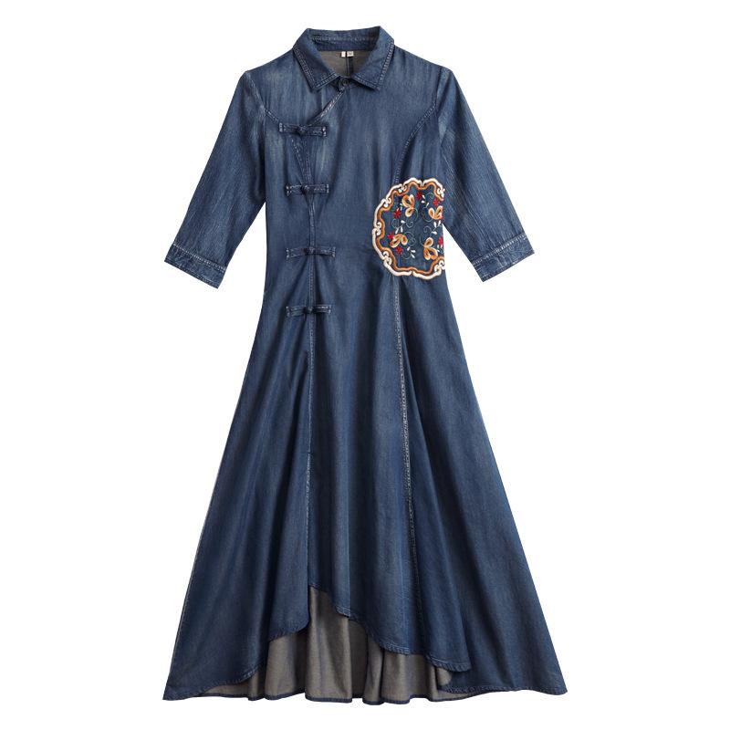 FairyNatural Ladies Chinese Style Embroidery Dresses Button Female Autumn Clothes 2021 Blue Retro Denim Slim Irregular Dress Casual