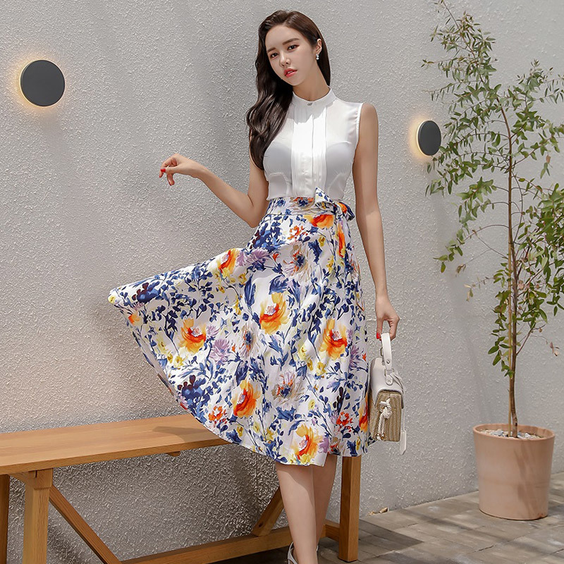 Women Summer 2 Pieces Suits White Sleeveless Shirts Top And Lace-up Print Skirts OL Casual Work Wear Set 210506