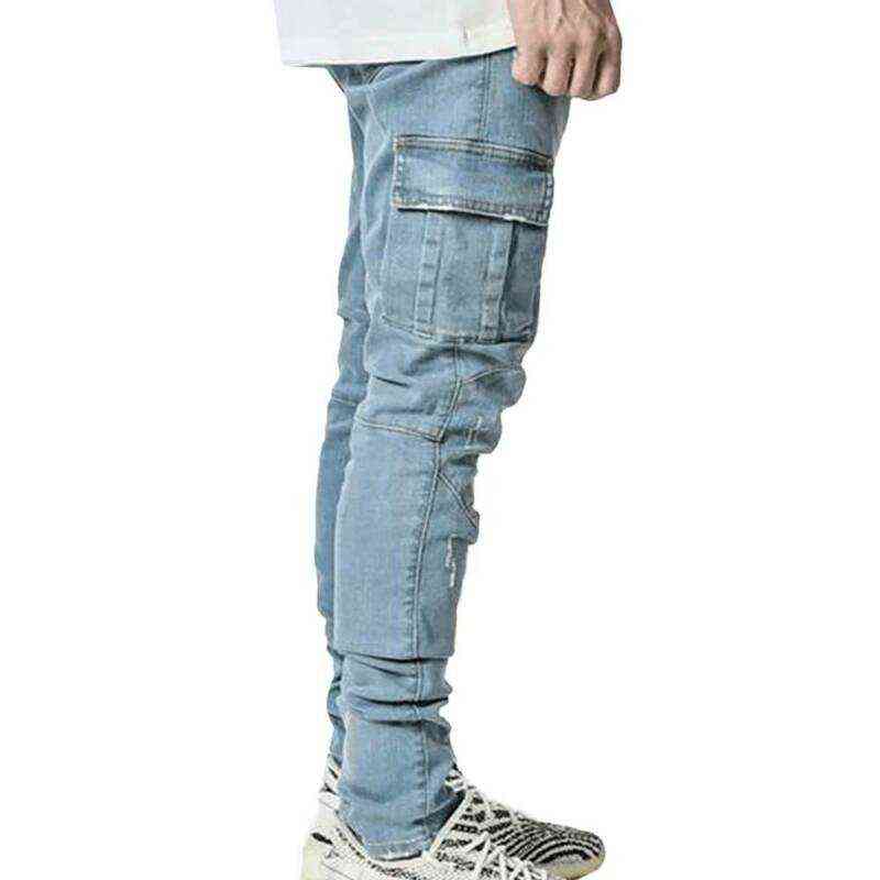 Men Solid Skinny Pockets Denim Cargo Combat Pants Jeans Slim Fit Trouser Bottoms Fashion Men's Casual Outwear Jeans 211120