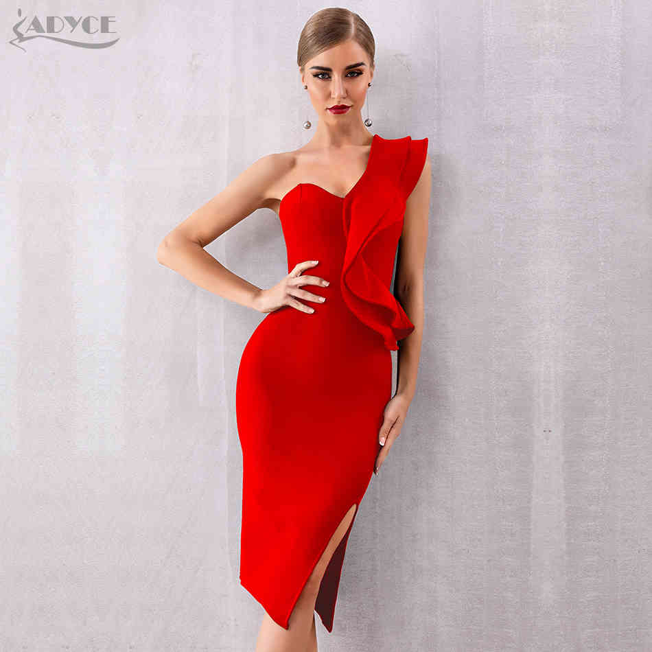 Summer One Shoulder Women Bandage Dress Celebrity Evening Party Sexy Ruffle Midi Black Bodycon Club 210423