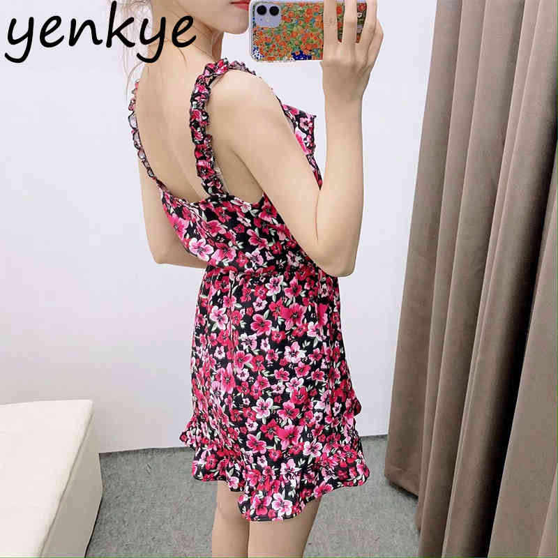 Floral Print Ruffle Wrap Dress Women V Neck Sleeveless Sexy Sling Beach Sundress Female A-line Short Summer Dresses BBWM2220 210515