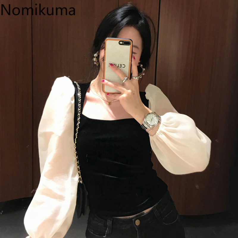 Nomikuma Korean Velour Women Shirt Puff Long Sleeve Hit Color Patchwork Square Collar Blusas Spring Slim Blouses New 6E377 210427