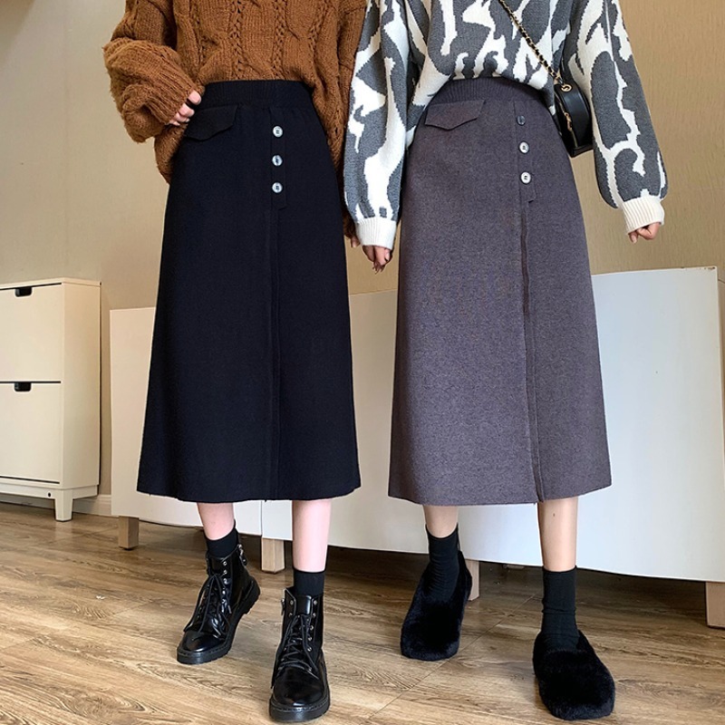 Nomikuma Autumn Winter Women Knitted Skirts Korean High Waist Elegant Sweater Skirt Causal A-line Midi Faldas Mujer 6D344 210427