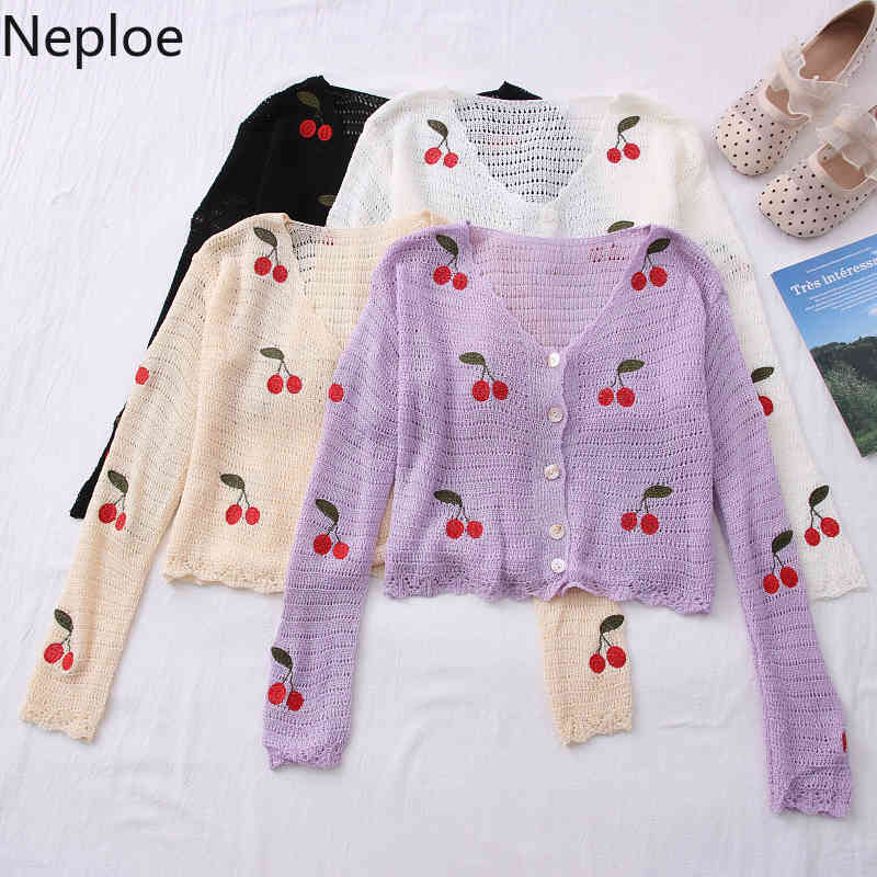 Neploe Cropped Cardigan Sweet Knitted Sweaters Embroidery Cherry Thin Coat Hollow Out Sun Protection Coat Tops Female 95087 210422