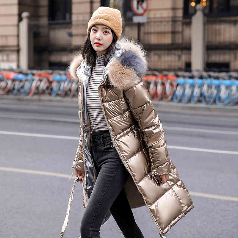 down jacket female winter Korean version of the loose bright waist was thin over knee long cotton coat 210514