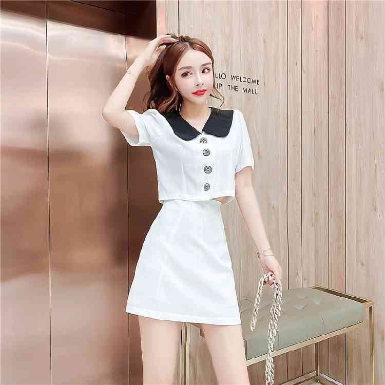 Summer Women Two Piece Set Fashion Hit Color Peter Pan Collar Short Sleeve Shirt Top + High Waist Mini Skirts Outfits 210519
