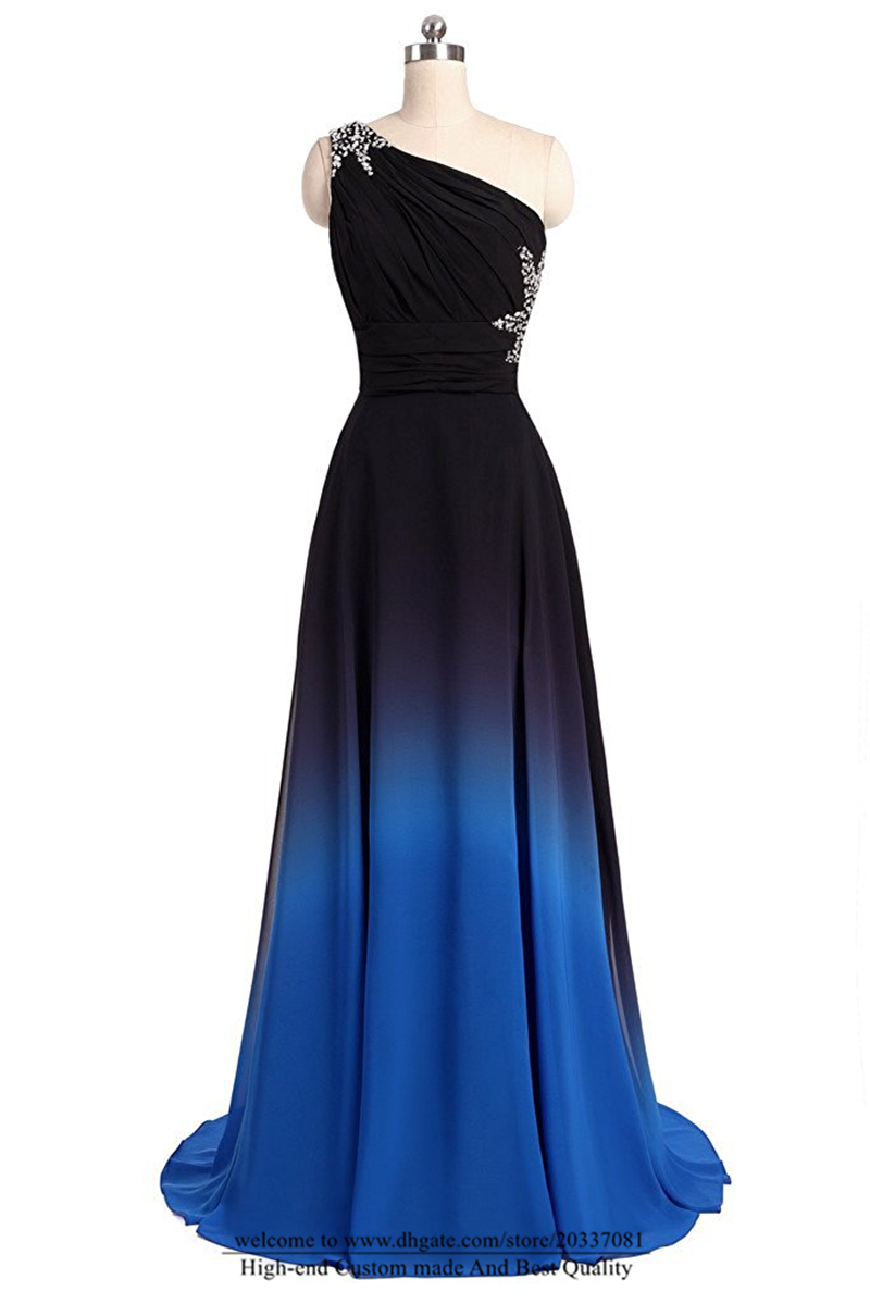 Sexy One Shoulder Ombre Long Evening Prom Dresses Chiffon A Line Plus Size Floor-Length Formal Party Gown BM05