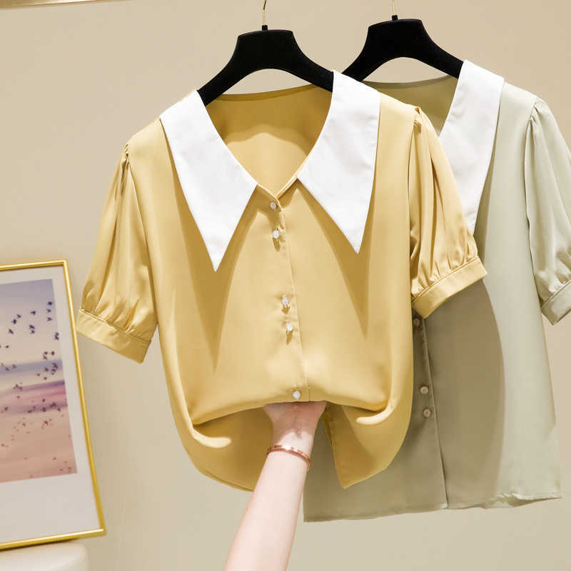 Women Shirts And Blouses Chic Blouse Top Short Sleeve Casual Oversized Turn-down Collar OL Style Women Loose Blue Blouses 210604, Yellow
Women Shirts And Blouses Chic Blouse Top Short Sleeve Casual Oversized Turn-down Collar OL Style Women Loose Blue Blouses 210604, Yellow