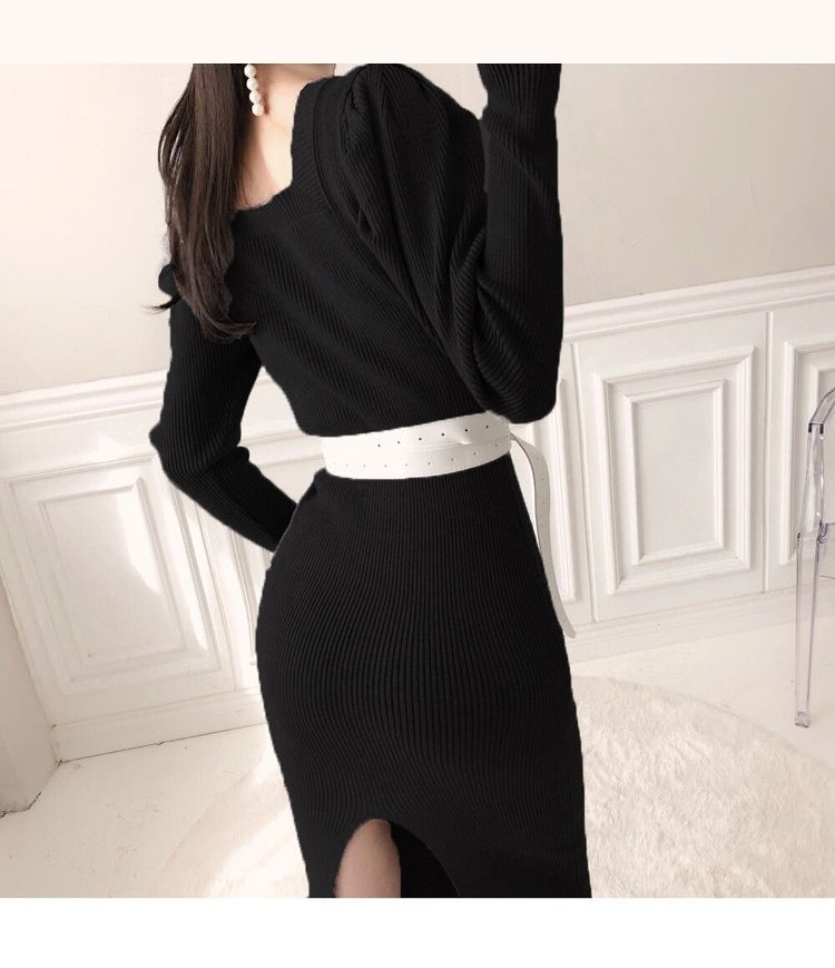 Winter Korean Style Slim Temperament Long Knitted Sweater Dresses Square Neck Sexy Split Puff Sleeve Vestido Da Festa 210520
