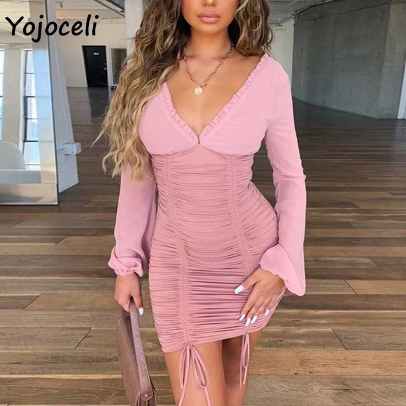 Yojoceli sexy v neck party club dres long sleeve ruffle bodycon mini female vestidos 210609
