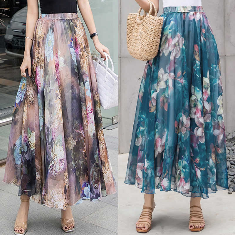Women Elastic Waist Chiffon Elegant Printed Long Skirt Female Bohemia Beach Holiday silk-like With Big Hem 210619