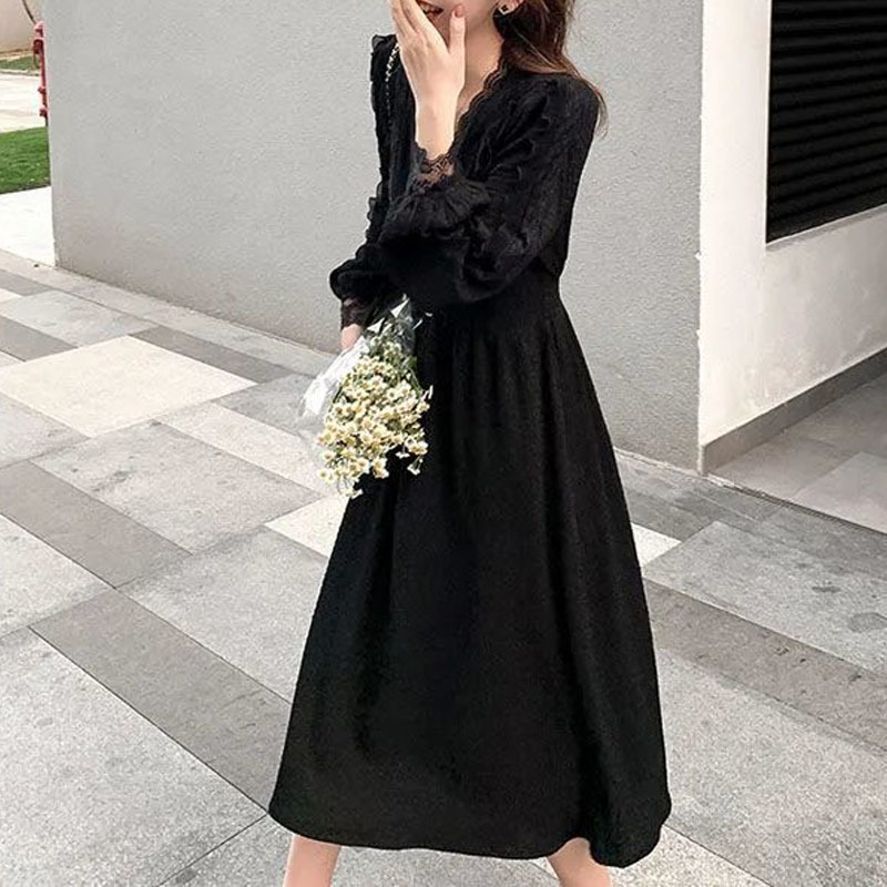 Summer Lace Black Dress Women Long Sleeve Button V-neck Office Lady Vintage Midi Dress Female Gothic Dress Korean 210521