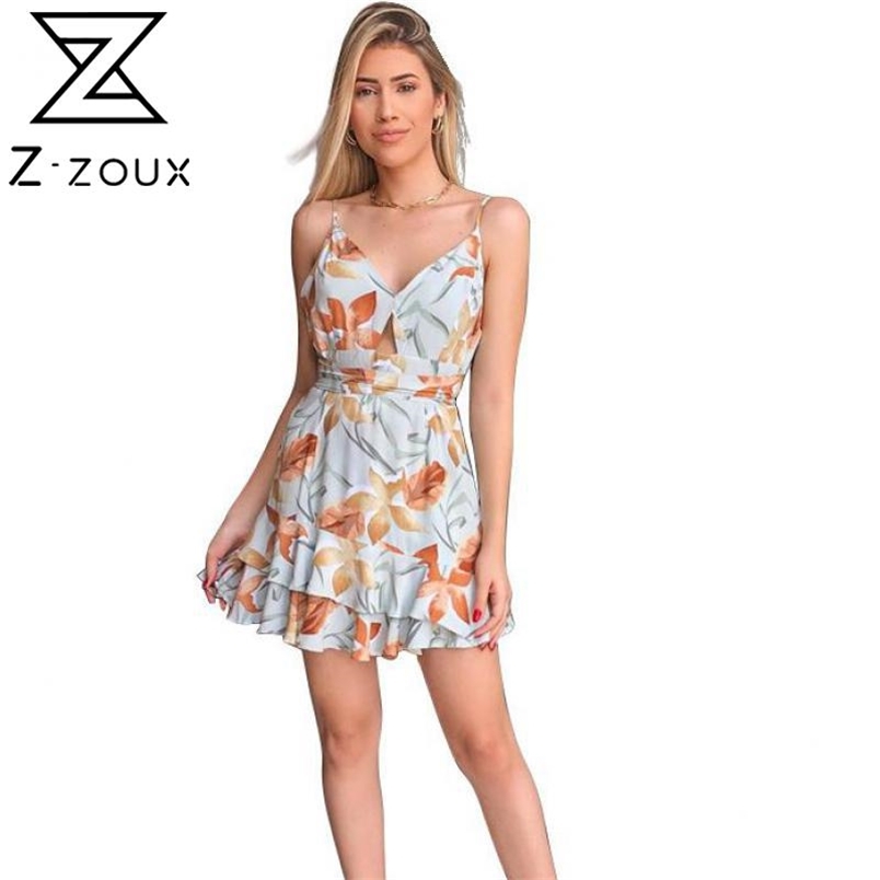 Women Dress V-neck Sleeveless Ruffles Summer se Plus Size Sexy Printing Flower Fashion 210513