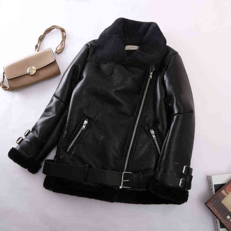 Aibeauty Lamb Fur Belt Women's Coat Female Tops Thicken Warm Motorcycle Lapel Long Sleeve Women Jacket 211130