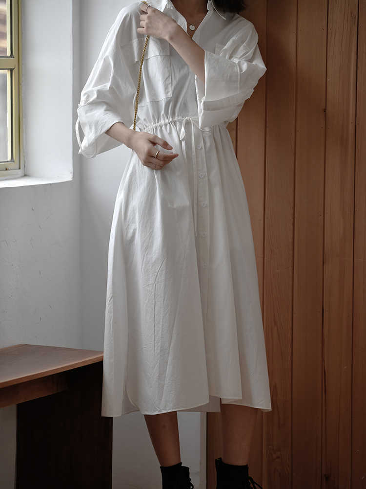 VANOVICH Korean White Dress Women Spring Summer Long-sleeved Waist Wide-sleeved Mid-length Long 210615
VANOVICH Korean White Dress Women Spring Summer Long-sleeved Waist Wide-sleeved Mid-length Long 210615