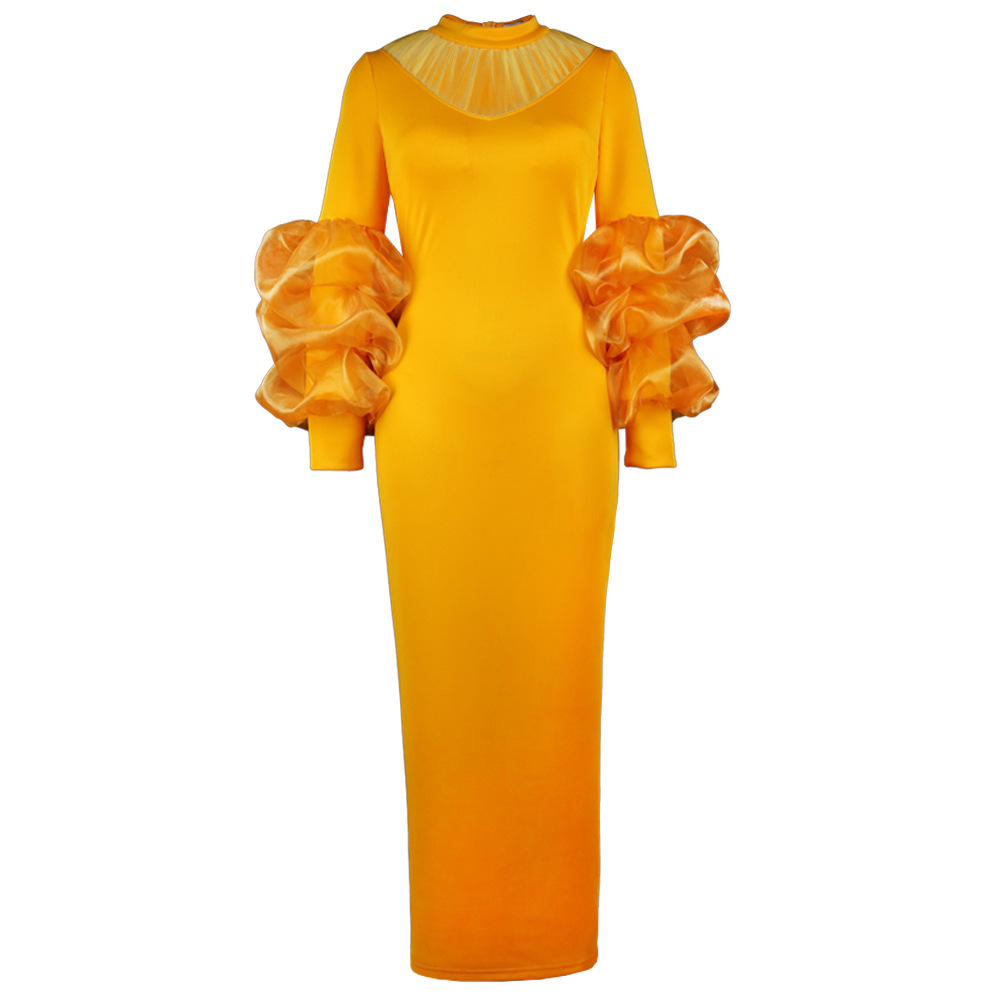 Women Dress Lantern Sleeves High Waist Vintage Large Size Slim Party es Plus Ladies Maxi es 210513