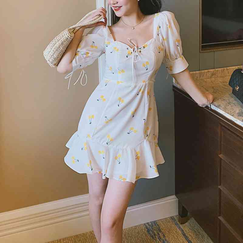vintage white ruffle lace up beach sexy dress kawaii yellow cherry mini korean casual vestidos women Summer 210521