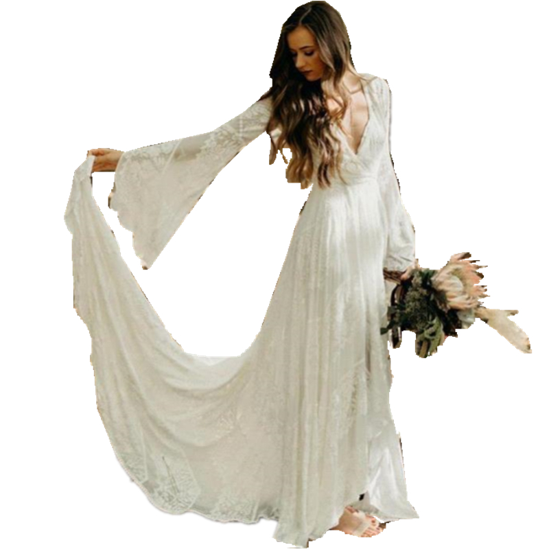 Rustic Country Lace A Line Wedding Dress Long Train Bohemian Bridal Gowns With Flare Full Sleeves Ivory Boho Beach Bride Wedding Dresses 2022 Robe De 
