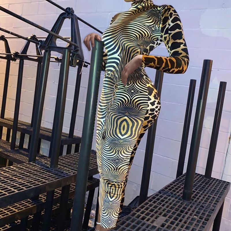 Fashion Bodycon Dress Women's Long Sleeve Sexy Ladies High Neck Party Slim Fitness Leopard Printed Dresses Casual