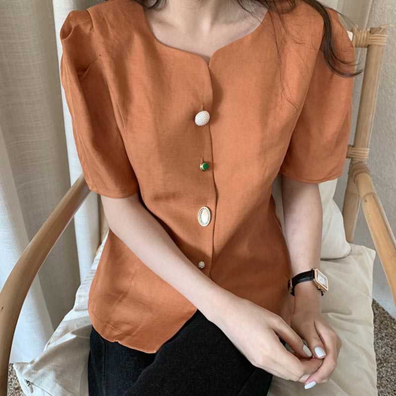 Korejpaa Women Shirt Summer Korean Chic Ladies Elegant Temperamen V-Neck Single-Breasted Solid Color Puff Sleeve Blouses 210526