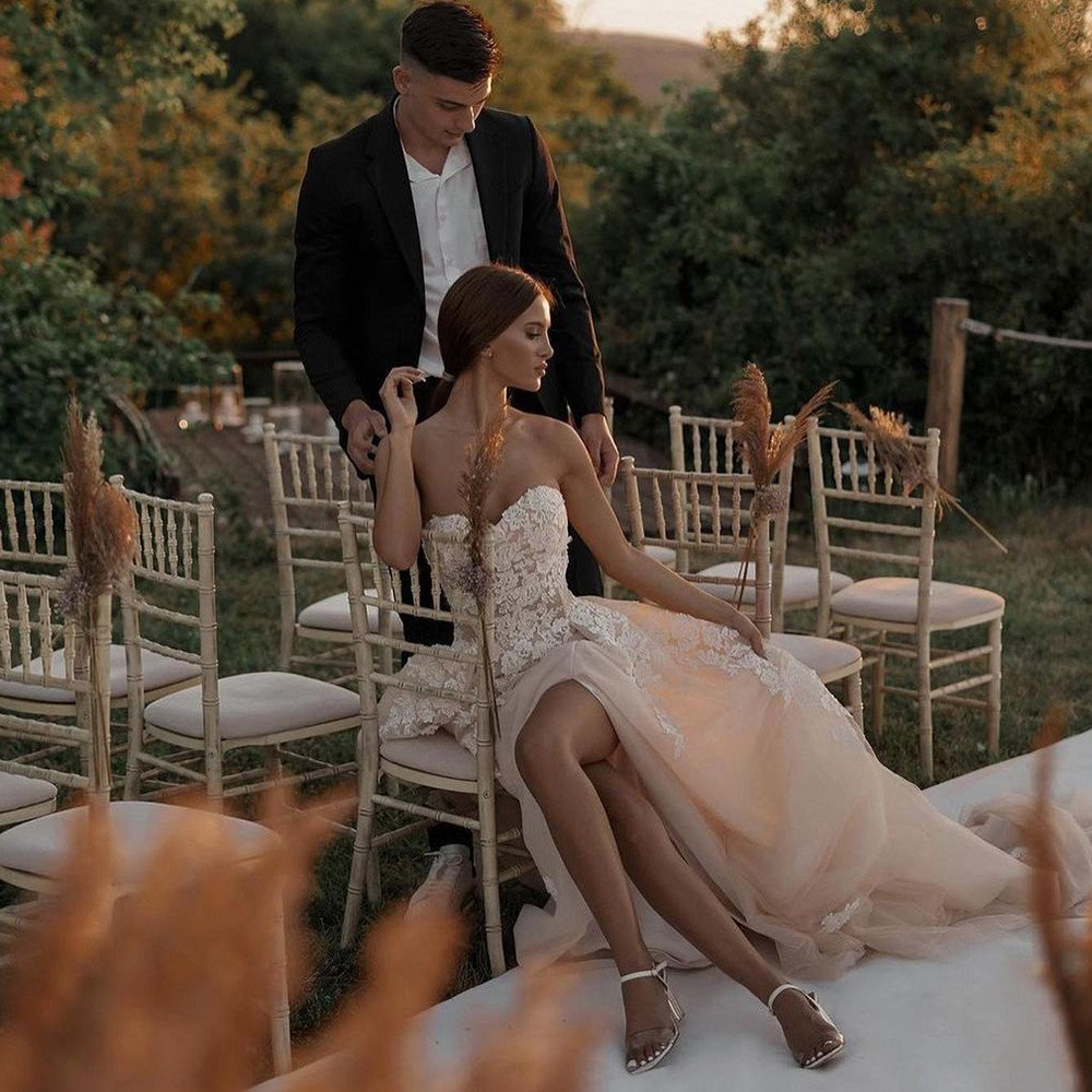 Chic Champagne Sweetheart Wedding Dress Floral Lace Appliques Country Garden Bridal Gowns Luxury High Split Tulle A Line Long Train Lace Boning Bride 