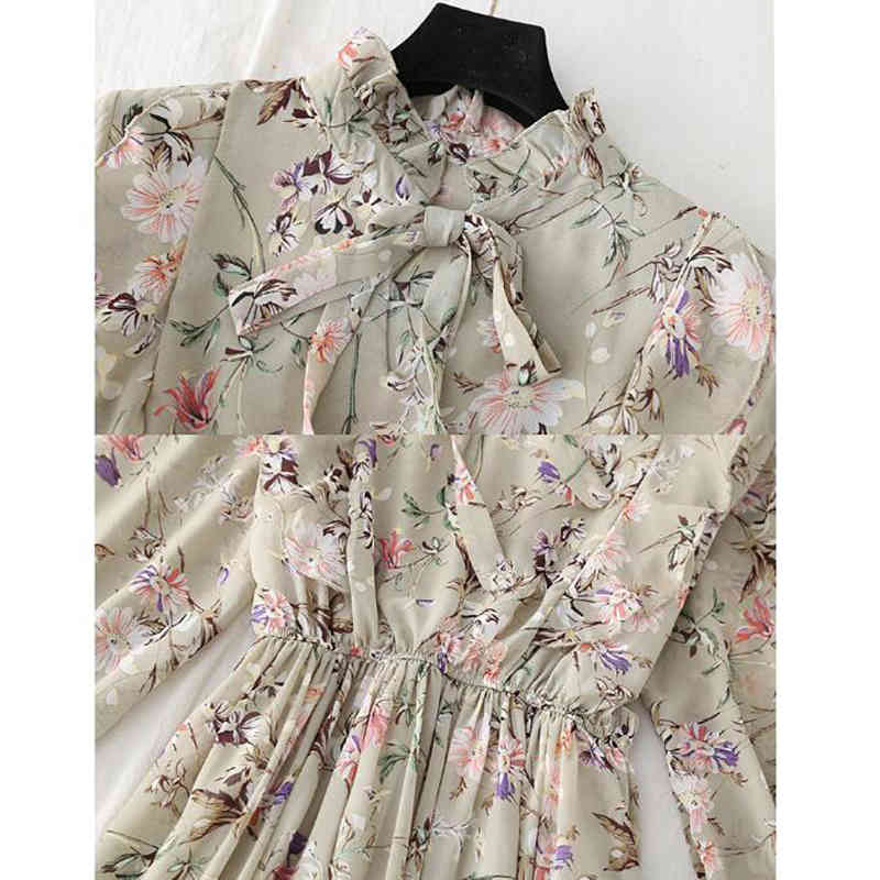 Women Flower Print A-Line Chiffon Dress Long Sleeve Ruffles Mid-Calf Party Dresses Vestidos Elastic Waist Vintage Dress 210521