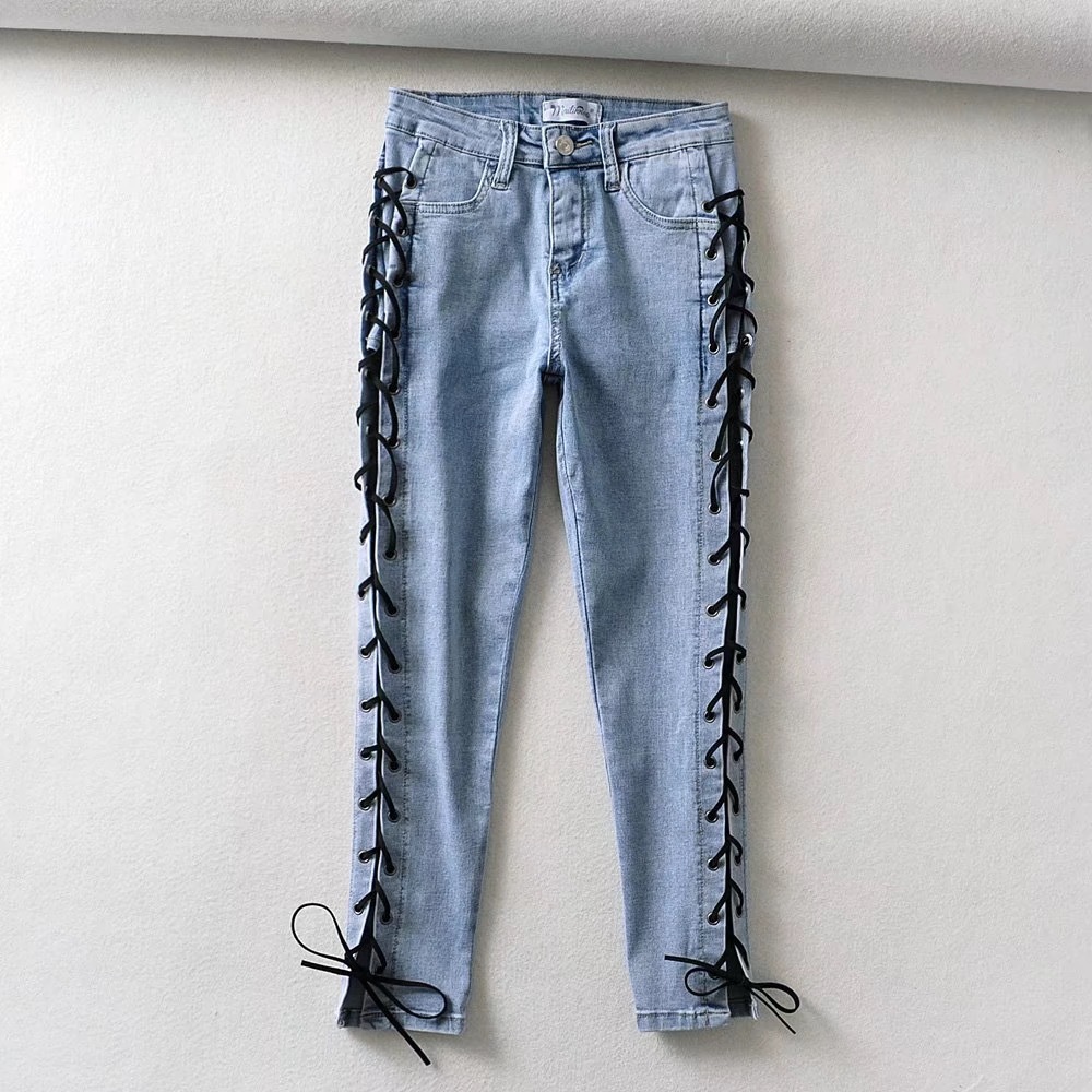 Sexy Skinny Side Cross Lacing up Low Waist Pencil Jeans Women Slim Fit Stretch Denim Pants Full Length Tight Trousers 210429