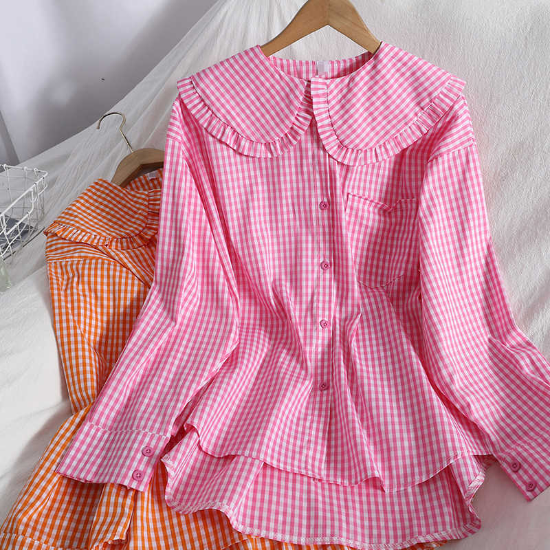 VANOVICH Summer and Spring Women Shirts Korean Style Cotton Ladies Wild Long Sleeve Plaid Clothing 210615