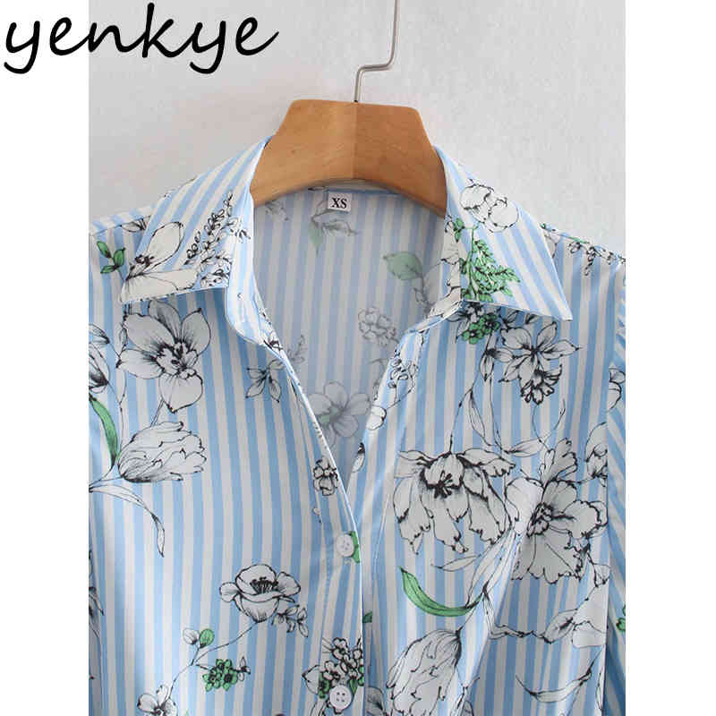 Spring Women Blue Striped Floral Print Shirt Dress Female Lapel Collar With Belt A-line Casual Vestido Plus Size 210430