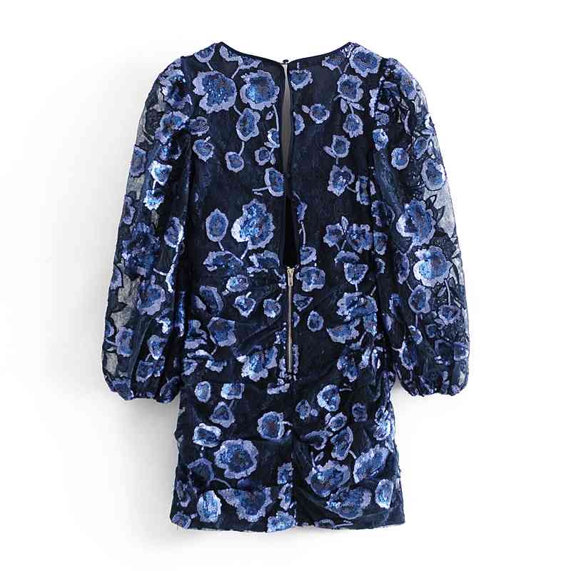 Retro Women Navy blue Beading Sequins Mesh Dress Sexy Lantern Long sleeve Hollow Out Backless Short Party Dresses 210429