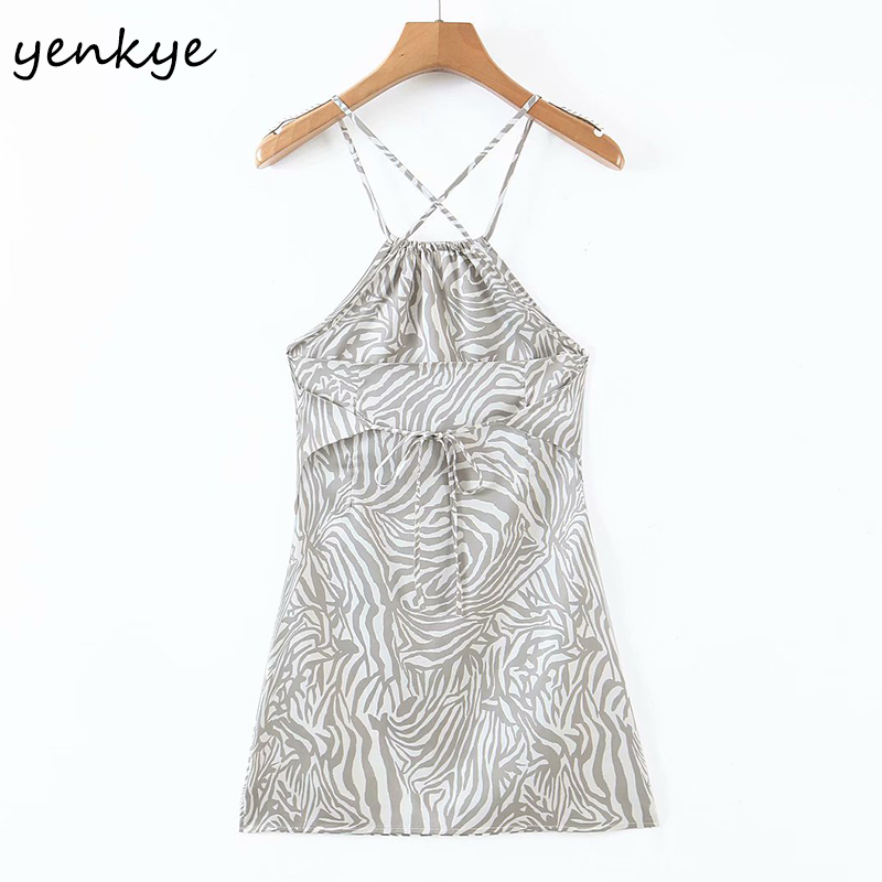 YENKYE Vintage Animal Print Sexy Dress Fashion Women Backless Halter Bodycon Mini Dress Female Summer Night Out Vestido 210515