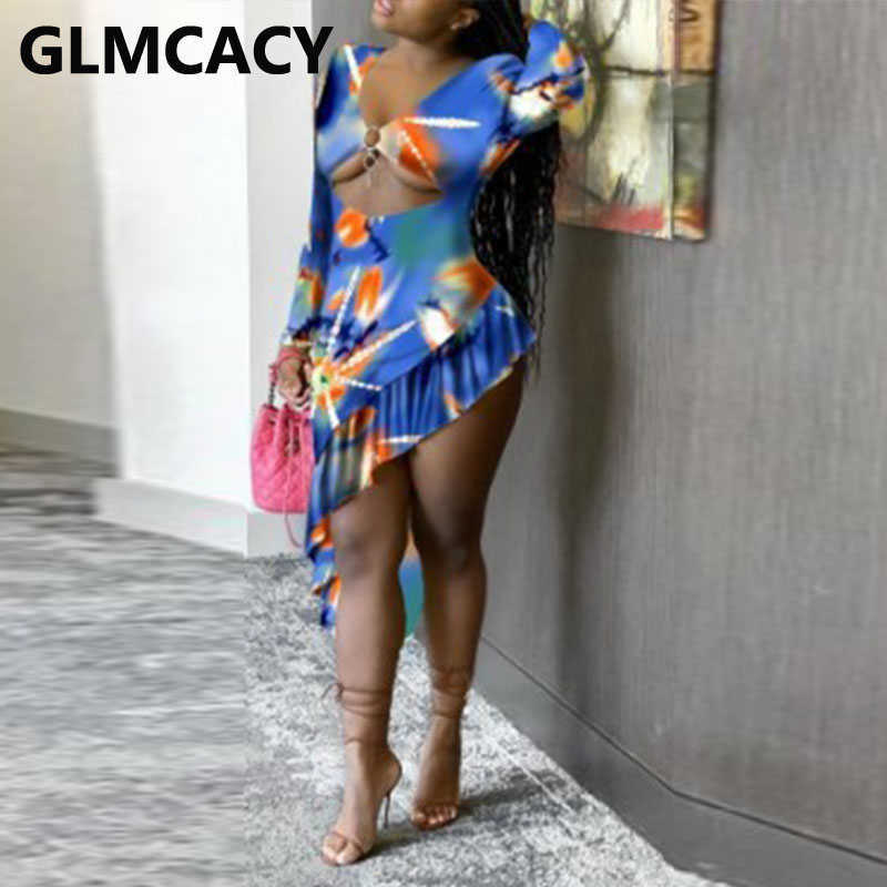 Women Long Sleeve Plunge V-neck Asymmetrical Hem Sexy Dress 210702