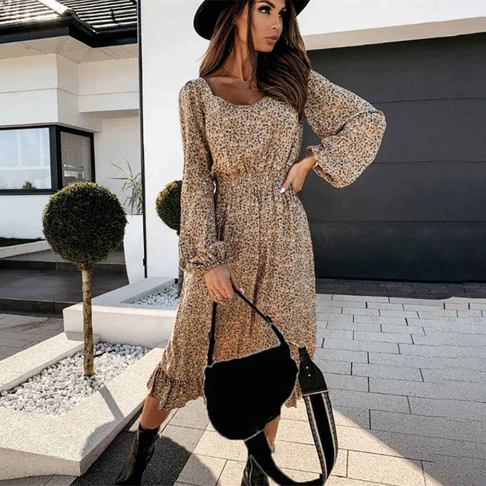 Spring Long Sleeve Floral Midi Woman Dress Summer Fashion Square Collar Ruffles Black Dresses For Women Casual Vestidos 210630