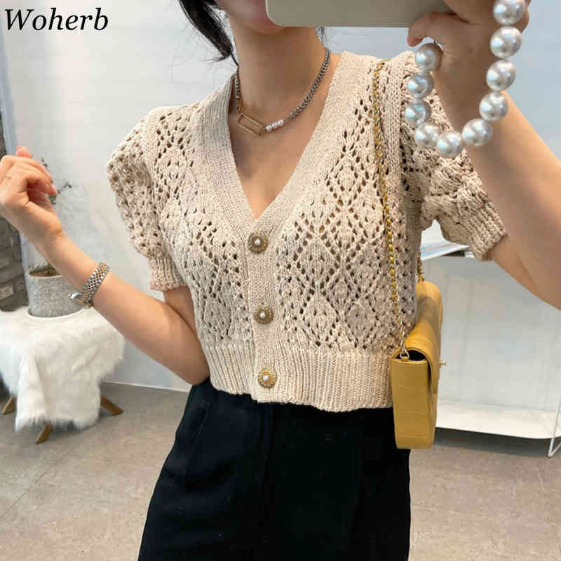 Chic Casual Retro V Neck Short Puff Sleeve Cropped Cardigan Women Hollow Coat Slim Knitted Sweater Tops Pull Femme 210519