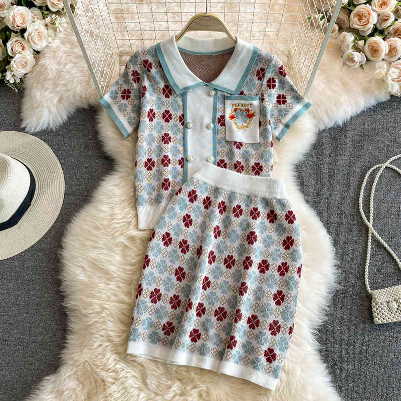 Two Piece Dress Button Pocket Embroidery Knitted 2 Set Women Pullover Sweater Top + Mini Skirts Sets Vintage Elegant Summer Clothi