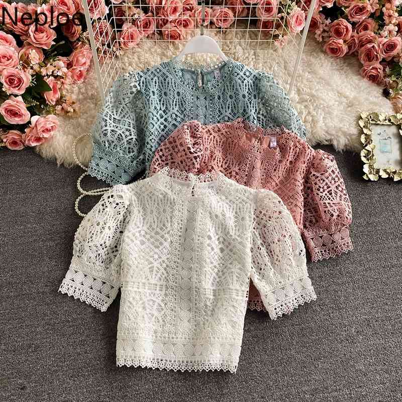 Neploe Blusas Mujer De Moda Vintage Puff Sleeve Blouses Hollow Out Crochet Floral Crop Tops Korean Summer Elegant Shirts 210422