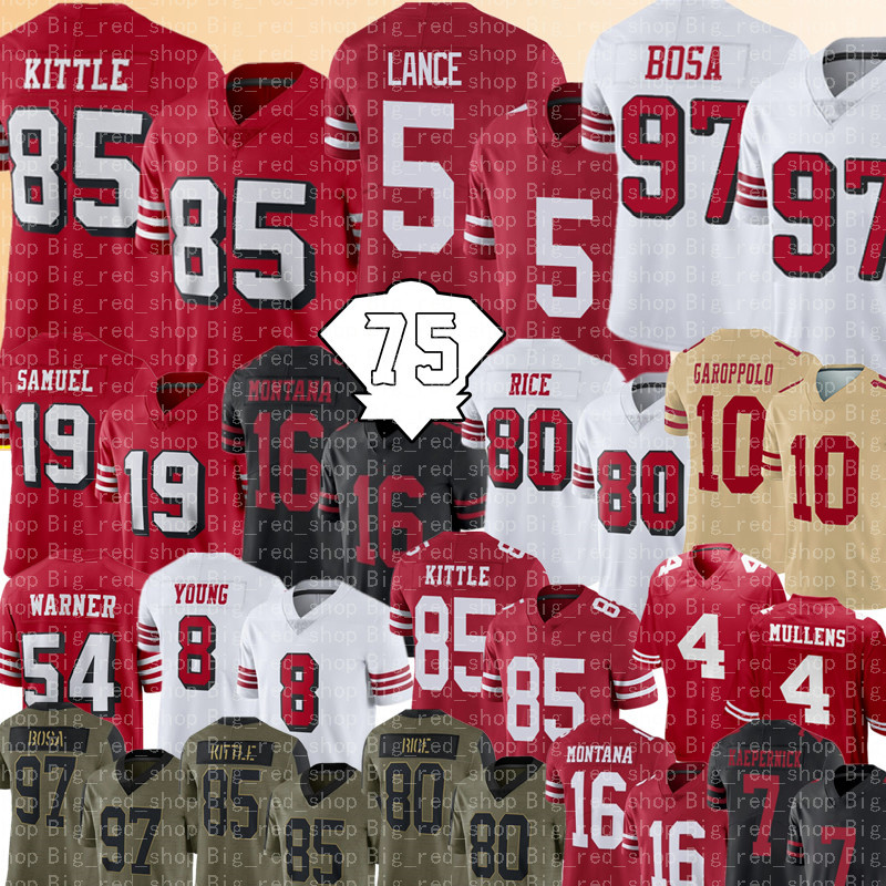 

85 George Kittle 5 Trey Lance Jersey 97 Nick Bosa 19 Deebo Samuel 54 Fred Warner Football Jerseys Jerry Rice Joe Montana Jimmy Garoppolo Ronnie Lott Steve Young Aiyuk, Women {s-xxl} {49}