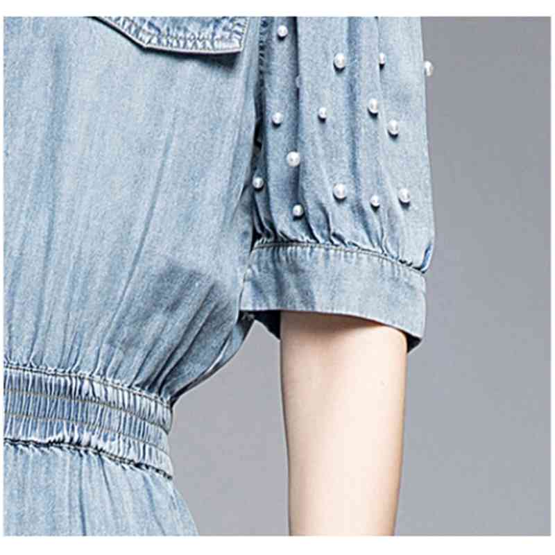 Womens Summer Denim Dress Office Lady Vintage Beading Short Sleeve Lace Turn Down Collar Elegant Party es 210520