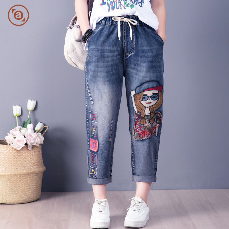 Spring Arts Style Women Elastic Waist Loose Jeans Vintage Embroidery Cartoon Patchwork Denim Harem Pants Plus Size S620 210512