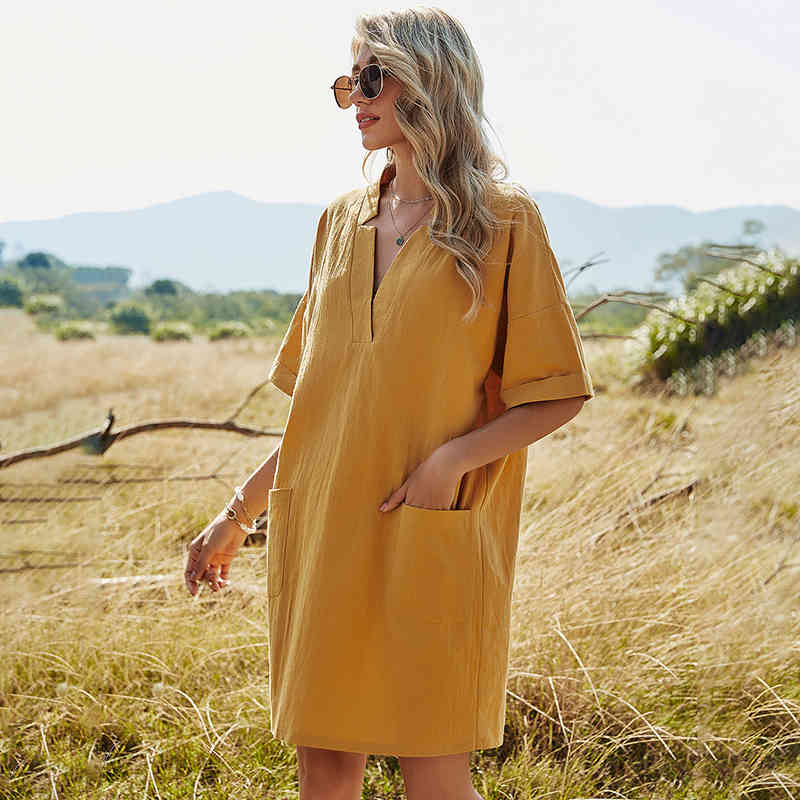 Spring Solid Color Half Sleeve Short Dress Women Loose Pocket V Neck Elegant Dress For Women Summer Casual Mini Dress 210521, Yellow
Spring Solid Color Half Sleeve Short Dress Women Loose Pocket V Neck Elegant Dress For Women Summer Casual Mini Dress 210521, Yellow
