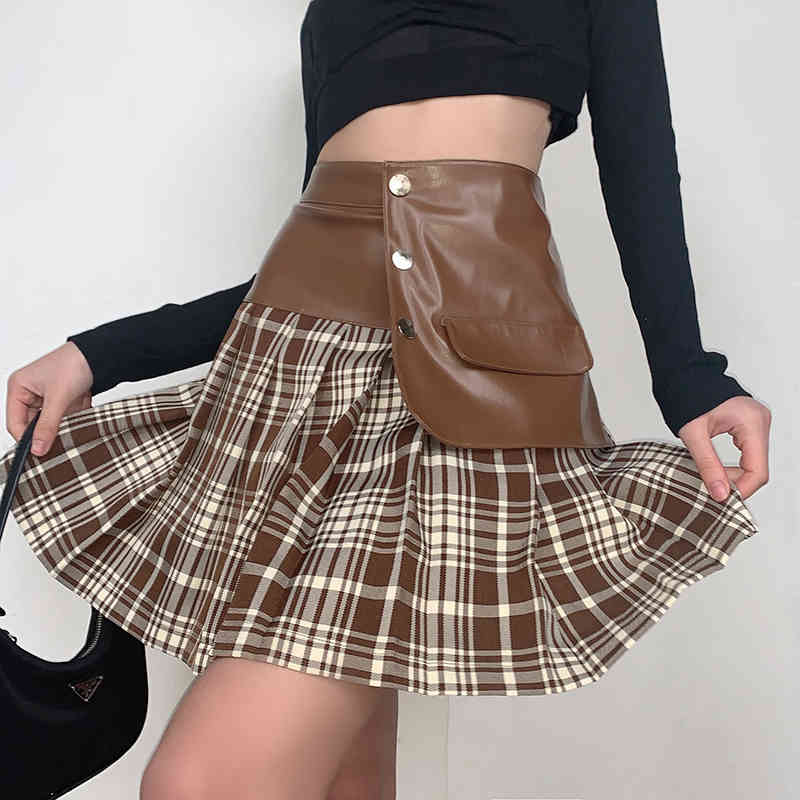 Women skirt fashion women PU leather patchwork A-line pleated Mini Skirts for female styled girls plaid skirts 210524, Brown
Women skirt fashion women PU leather patchwork A-line pleated Mini Skirts for female styled girls plaid skirts 210524, Brown