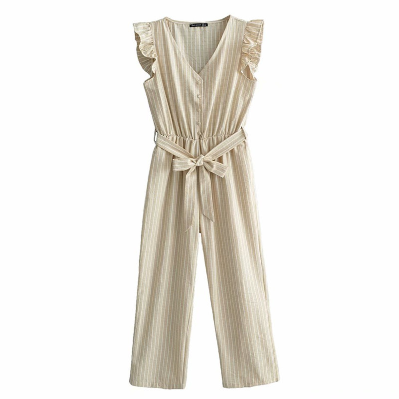 Casual Women V Neck Stripe Jumpsuits Summer Fashion Ladies Ruffles Beach Rompers Female High Waisted Lacing Jumpsuit 210515