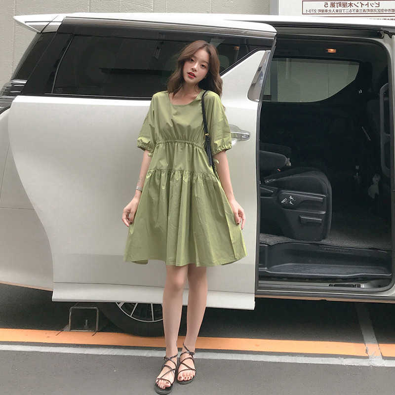 Summer Sweet Fresh Silm Waist Bandage Cute O-neck Folds Dresses for Women Fashion Office Lady Vestidos Female 210525