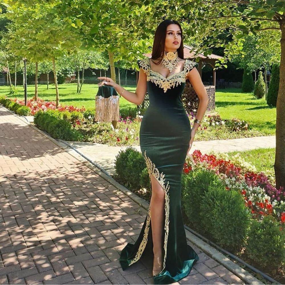 Elegant Dubai Dark Green Velvet Evening Dresses Removable Skirt Arabic Side Split Mermaid Prom Gowns Appliques Gold Lace High Neck Algerian Moroccan K