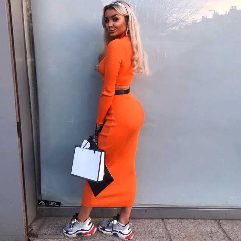 Colysmo Neon Ribbed Knitted Sexy 2 Piece Set Women Turtleneck Long Sleeve Crop Top Midi Skirt Club Outfits Festival Clothing 210527