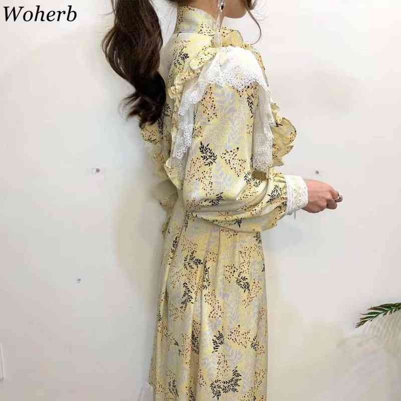 Vestidos Women Korean Sweet Temperament Ruffle Tie Dress Fashion Elegant Floral Slim Thin Lace Patchwork Fishtail Dresses 210519