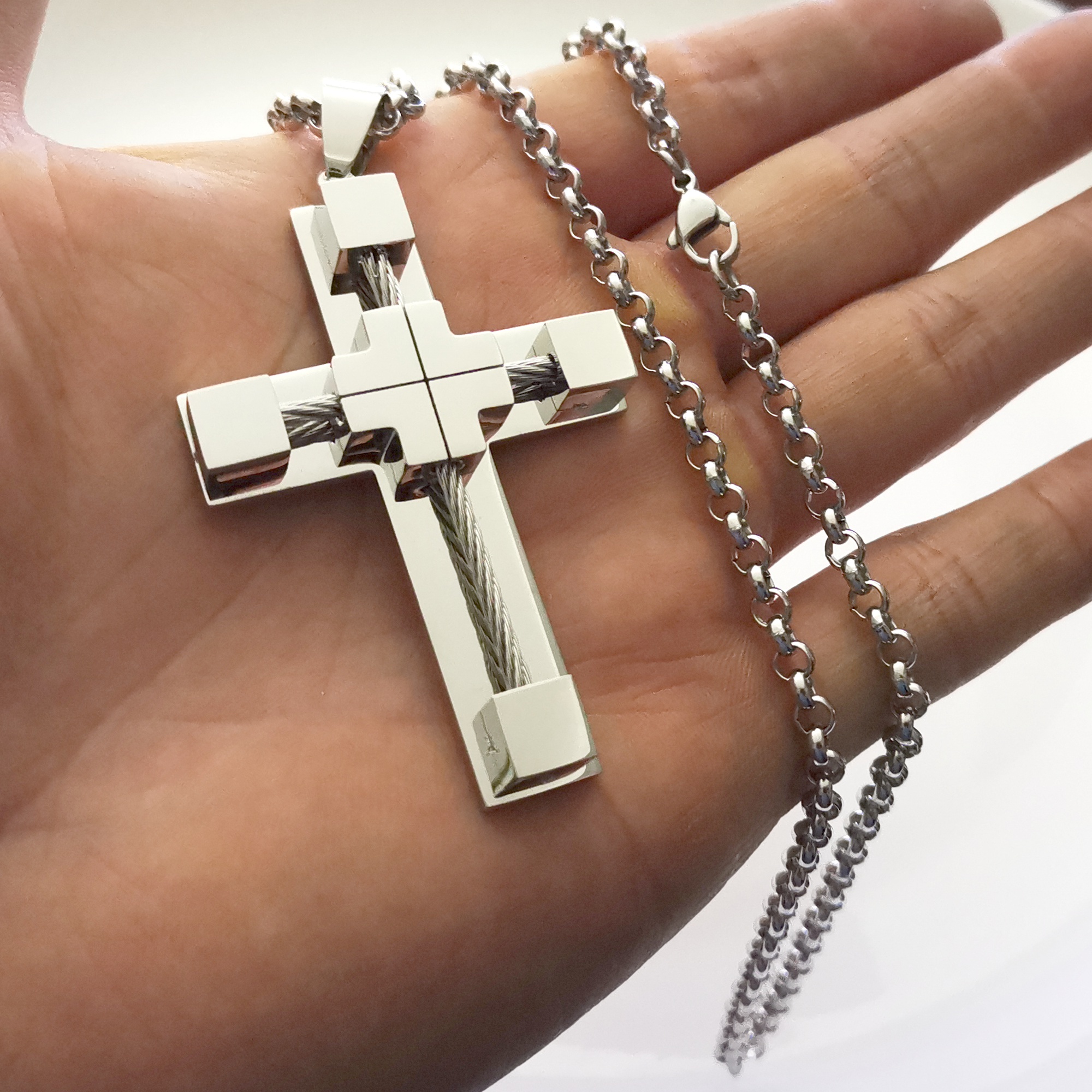 Men's Cross Necklace 316L Stainless Steel Jesus Christ Pendant White/Gold/Rolo Chain Jewelry 4MM 24 INCH