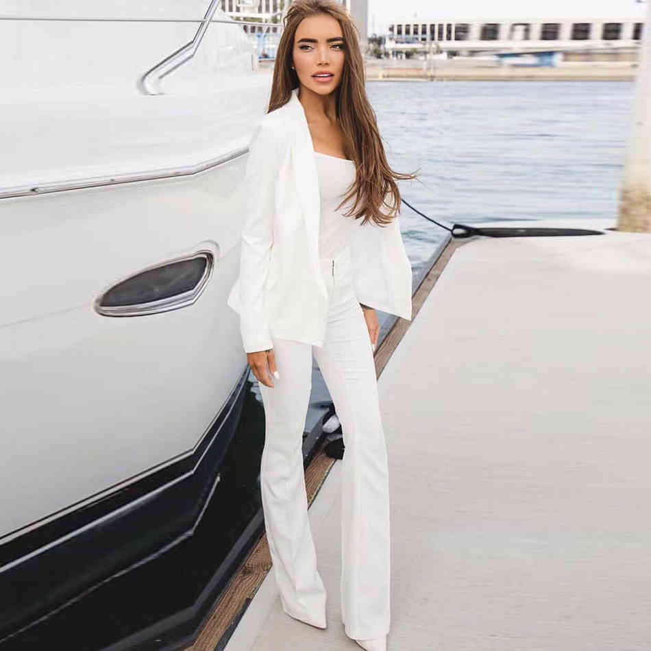 Women's Suit Pants 2 Two-piece Elegant Long Sleeve Lapel Lace-up Jacket & Flared White Red Slim Set 210524